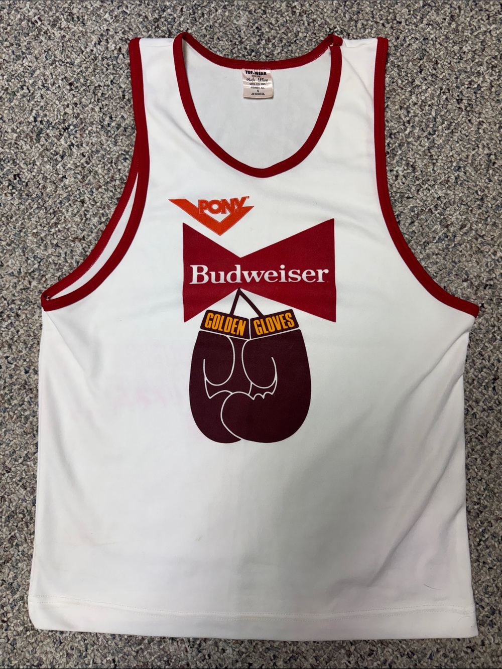 Vintage Budweiser White and Red Men’s Pony tank top with Golden Gloves Graphic
